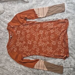 BKE Orange with White Floral Detail Long Sleeve Shirt